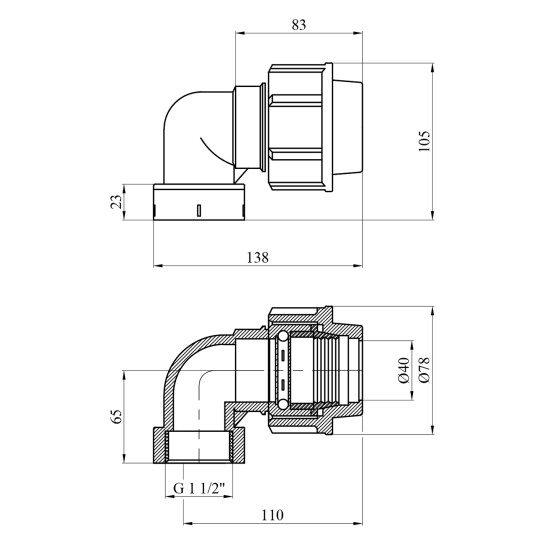 Додаткове фото - Коліно ПЕ SantehPlast 40х1 1/2" РВ