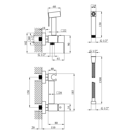 Додаткове фото - Набір для гігієнічного душу зі змішувачем Kroner KRP Edelstahl Kubus - PVD052