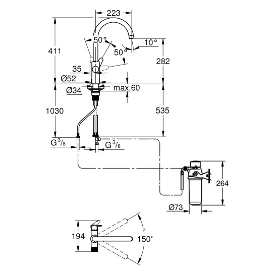 Додаткове фото - Змішувач для кухні Grohe Blue Pure StartCurve 30592000 з фільтром Blue S-Size 40404001 та головкою 64508001 (30594040)