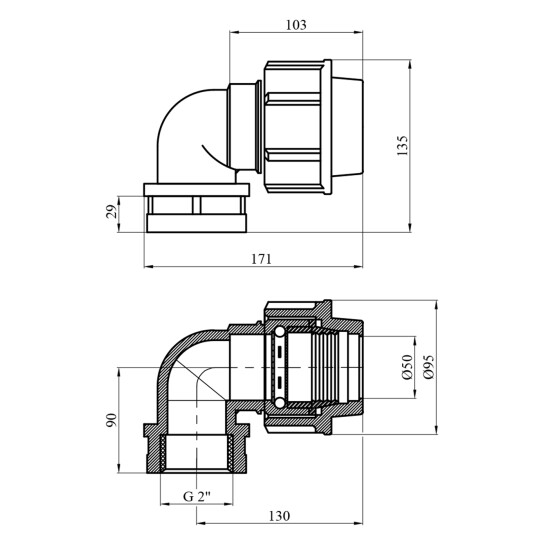 Додаткове фото - Коліно ПЕ SantehPlast 50х2" РВ