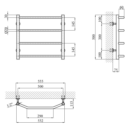 Додаткове фото - Сушарка для рушників водяна Kroner KRP Diva WT500x500-4