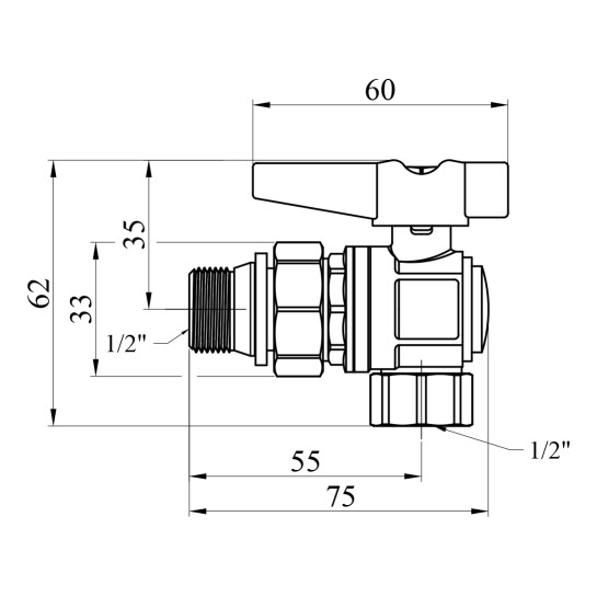 Додаткове фото - Кран-американка кульовий кутовий з антипротіканням Karro "Uno Black" 1/2" ВЗ PN40 метелик