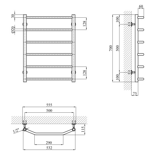 Додаткове фото - Сушарка для рушників водяна Kroner KRP Diva WT700x500-6
