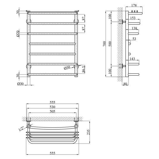 Додаткове фото - Сушарка для рушників водяна Kroner KRP Stern WT700x500-7