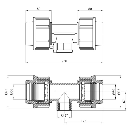 Додаткове фото - Трійник ПЕ SantehPlast 50х2"х50 РВ