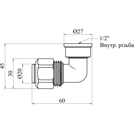 Додаткове фото - Коліно металопластикове Karro 20х1/2" РВ нікельоване KR-0621