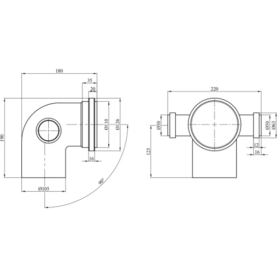 Додаткове фото - Коліно двоплощинне для внутрішньої каналізації Rozma 110х90° з відведеннями 50 мм ліво-право