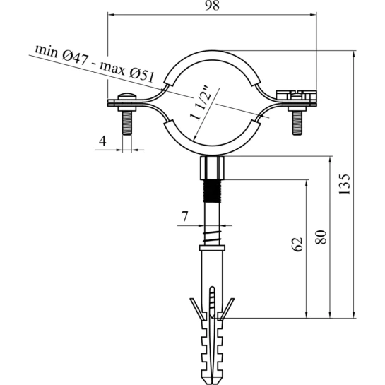 Додаткове фото - Хомут зі шпилькою в зборі Karro 1 1/2" 47-51 мм металевий