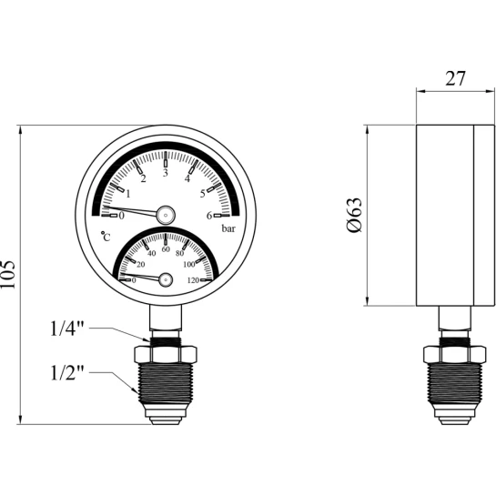 Додаткове фото - Термоманометр Karro 1/2"х1/4" вертикальний 63 мм KR-1086А