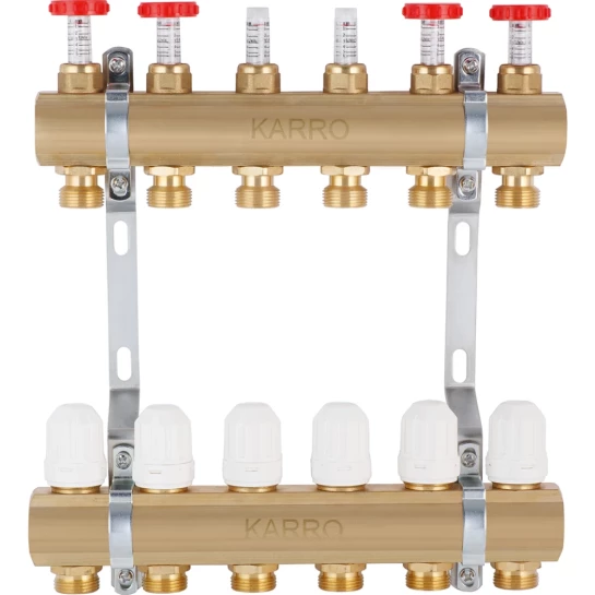 Додаткове фото - Колектор регулюючий Karro на 6 виходів 1"х3/4" з витратоміром, латунний KR-1011U