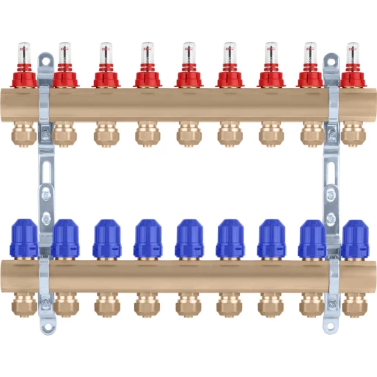 Додаткове фото - Колектор в зборі STA на 9 виходів 1"х3/4" з євроконусами, латунний