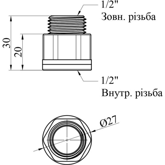 Додаткове фото - Подовжувач посилений LexLine 1/2" ВЗ, L=20 мм латунний УК0601-В20