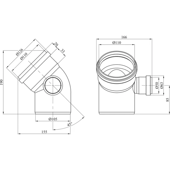 Додаткове фото - Коліно двоплощинне для внутрішньої каналізації Rozma 110х45° з відведенням 50 мм вправо