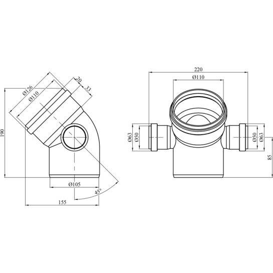 Додаткове фото - Коліно двоплощинне для внутрішньої каналізації Rozma 110х45° з відведеннями 50 мм ліво-право