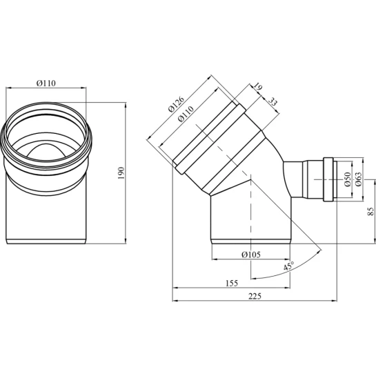 Додаткове фото - Коліно для внутрішньої каналізації Rozma 110х45° з відведенням 50 мм назад