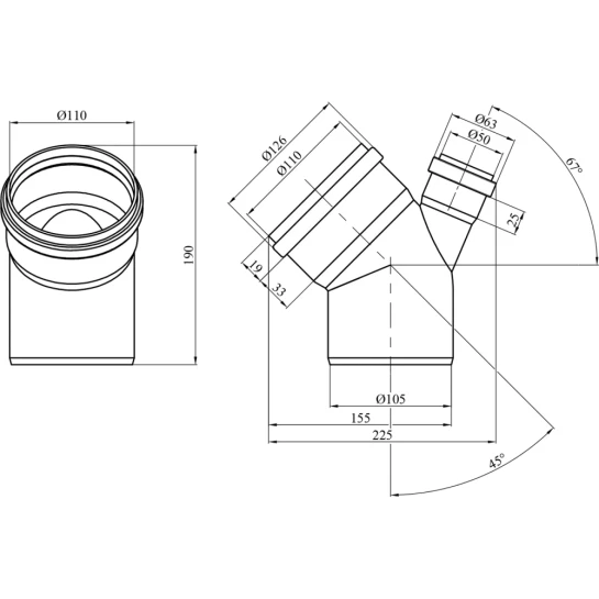 Додаткове фото - Коліно для внутрішньої каналізації Rozma 110х45° з відведенням 50х67°