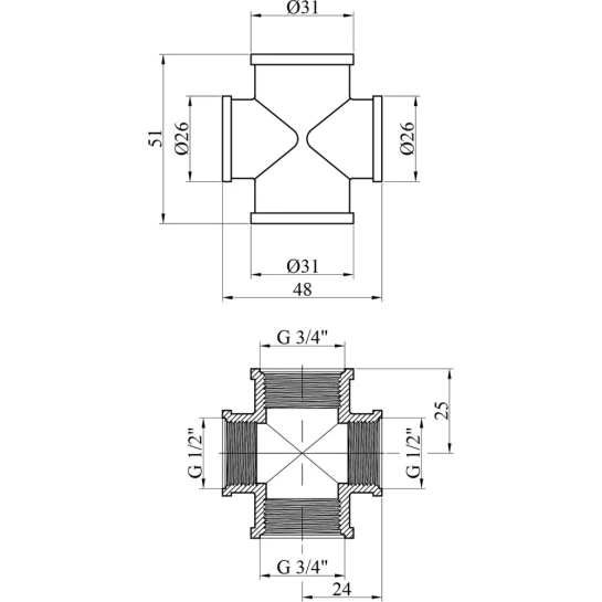 Додаткове фото - Хрестовина посилена перехідна  LexLine 3/4"х1/2"х3/4"х1/2" ВВВВ нікельована НК4606-Вн