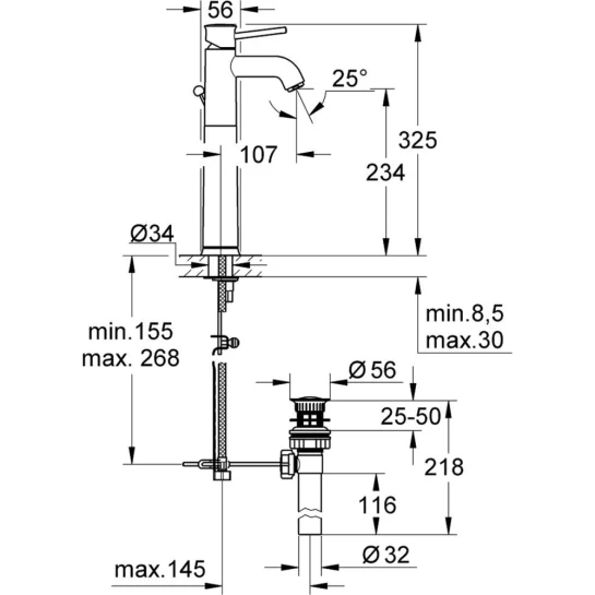 Додаткове фото - Змішувач для раковини Grohe BauClassic XL-Size 32868000 з донним клапаном