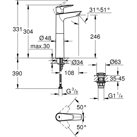 Додаткове фото - Змішувач для раковини Grohe QuickFix StartEdge XL-Size 23777001 з донним клапаном