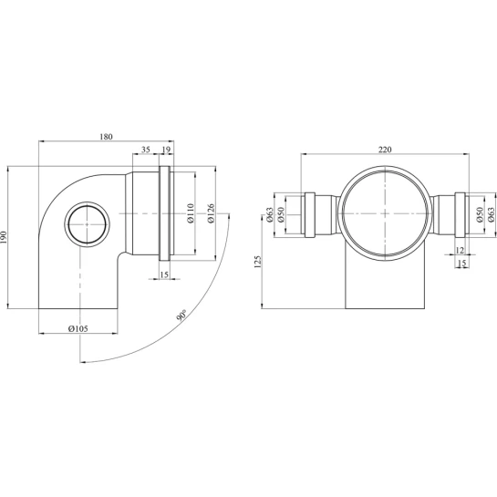 Додаткове фото - Коліно двоплощинне для внутрішньої каналізації Baux 110х90° з відведенням 50 мм ліво-право
