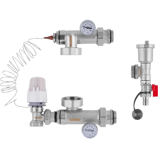 Головне фото - Колекторна група в зборі Karro 3/4" з термостатичним кутовим краном, нікельована KR-88001