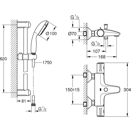 Додаткове фото - Змішувач для ванни Grohe Grohtherm 800 34567000 з душовим гарнітуром 27853001 (34567001)