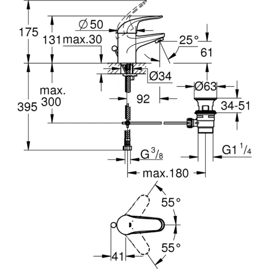 Додаткове фото - Змішувач для раковини Grohe Euroeco S-Size 23262000 з донним клапаном