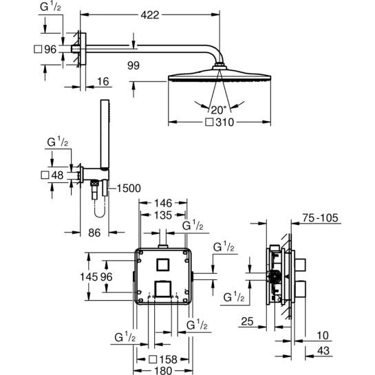 Додаткове фото - Душова система прихованого монтажу Grohe QuickFix Precision Cube Vitalio Rain Mono 310 Cube 34879000