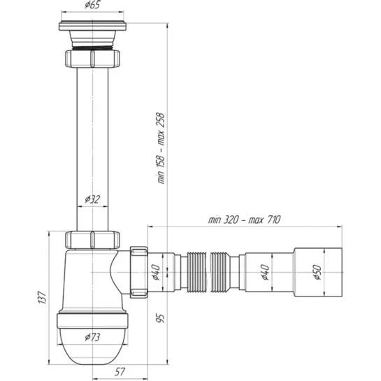 Додаткове фото - Сифон для раковини ANIplast з різьбовим випуском 64 мм, з гнучкою трубою 40х40/50 мм С1015EU