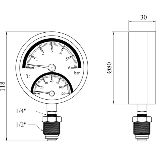 Додаткове фото - Термоманометр Karro 1/2"х1/4" вертикальний 80 мм KR-1086