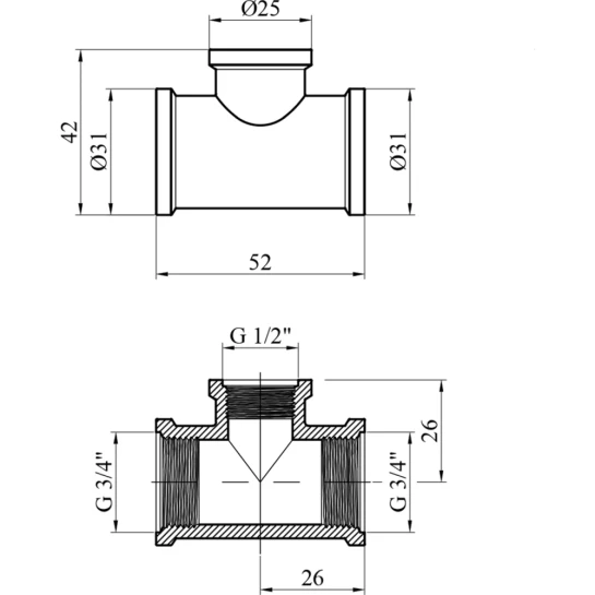 Додаткове фото - Трійник перехідний посилений LexLine 3/4"х1/2"х3/4" ВВВ латунний УК0212-В